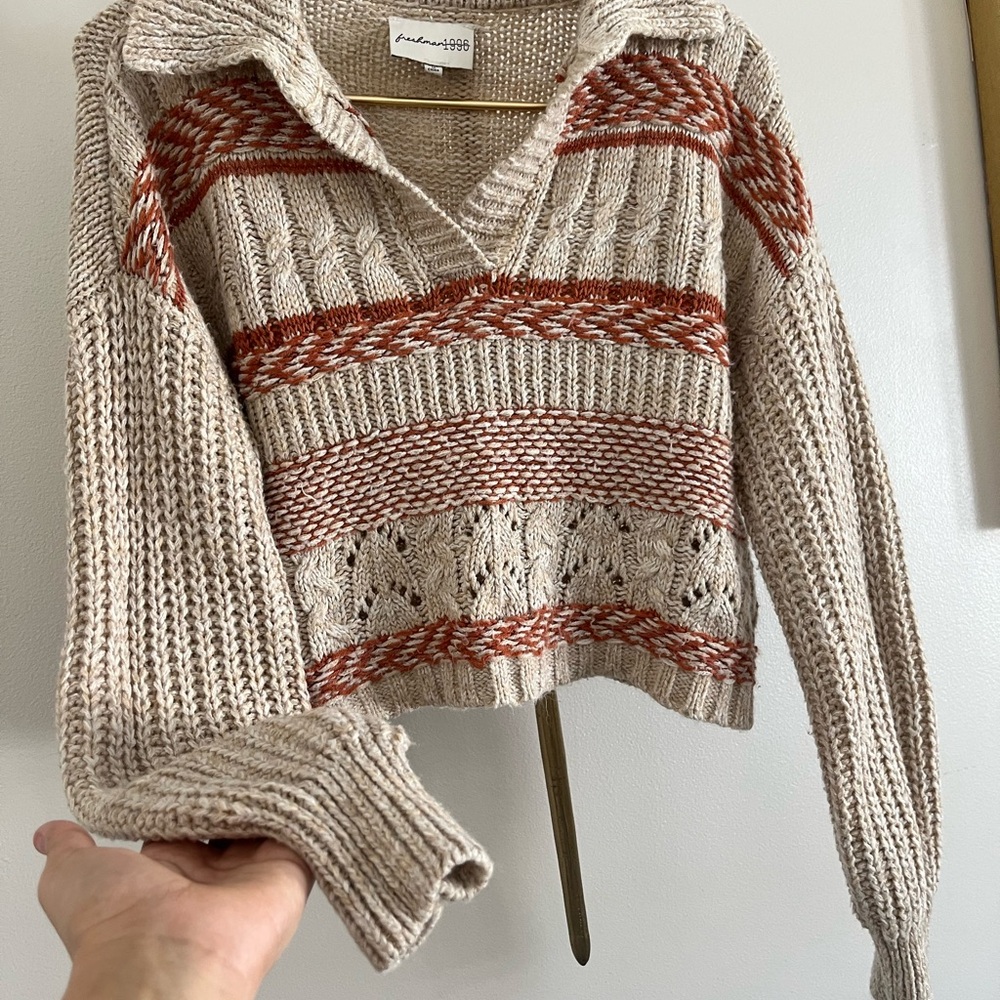 Freshman Beige and Rust Bohemian V-Neck Academy preppy cropped Sweater S - Picture 3 of 8